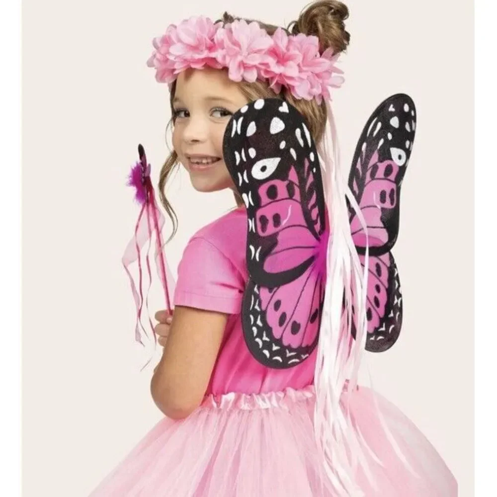 Fairy Costume Set Tutu Wings Headband Wand Lightweight Girls Dress up Dance Pink